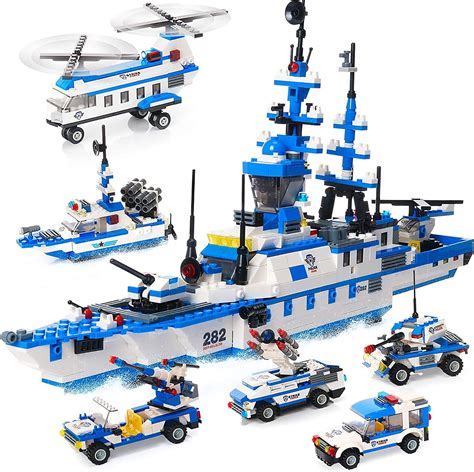 1169 Pieces 6 in 1 City Police Ship Building Blocks Kit with Cop Car Helicopter Patrol Boat Missile Vehicle Tank Construction Toys, Storage Box with Baseplates Lid, Building Gift for Boys Girls 6-12