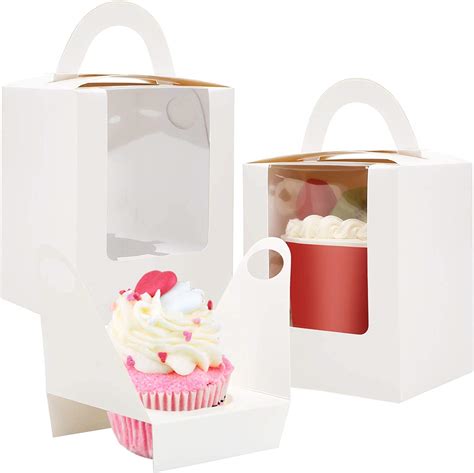 Exclusive Special 50 Pcs Single White Cupcakes Containers Gift Boxes with Window Inserts Handle for Wedding Candy Boxes
