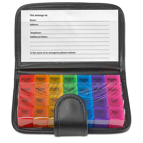 Pill Organizer Pill Box,LIZIMANDU Weekly Travel Pill Case Box Medication Reminder Daily AM PM,Day Night 7 Compartments,for 4 Times A Day,7 Days a Week-Includes Leather Carrying Case(Black Rose Set)