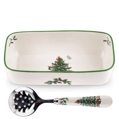 Crazy Clearance Spode Christmas Tree Design- Cranberry Bowl with Slotted Spoon- White Porcelain