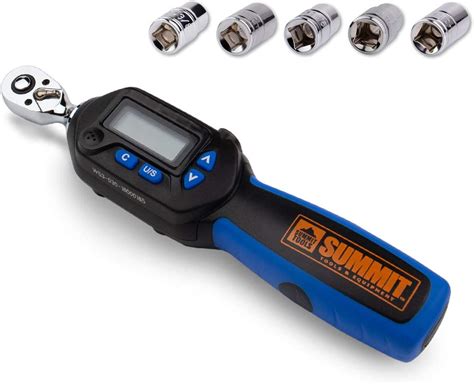 Summit Tools 3/8 inch Digital Torque Wrench, 3.1-62.7 ft-lbs (4.2 - 85 N-m) Torque Range, Sequential LED and Buzzer, Socket Set, Calibrated (WSP3-085CN)