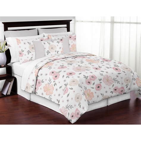Sweet Jojo Designs Blush Pink, Grey and White Shabby Chic Watercolor Floral Girl Twin Kid Childrens Bedding Comforter Set 4 Pieces - Rose Flower