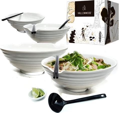 Best Cyber Deals 🔥 Vallenwood: 4 Noodle Bowl (16 pieces) Melamine White Large Ramen Bowls Set. Asian Chinese Japanese or Pho Soup 50 oz. With Spoons, Chopsticks And Silicone Stretch Lids Like A Gift. Thai Miso Udon.