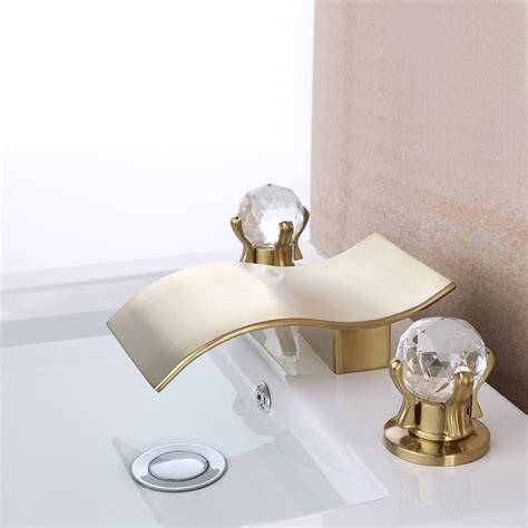 Yawhite Waterfall Widespread Bathroom Sink Faucet with Double Square Handles Deck Mount 3 Hole Basin Mixer (Brushed Gold)